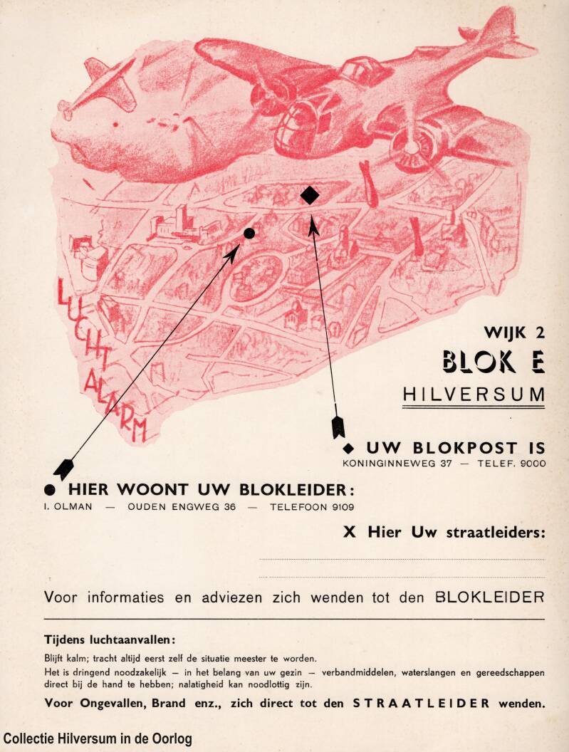 Luchtbeschermingsdienst poster voor Wijk 2 Blok E, Hilversum. Met het gemeentehuis en de AVRO studio in de tekening. Collectie Hilversum in de Oorlog