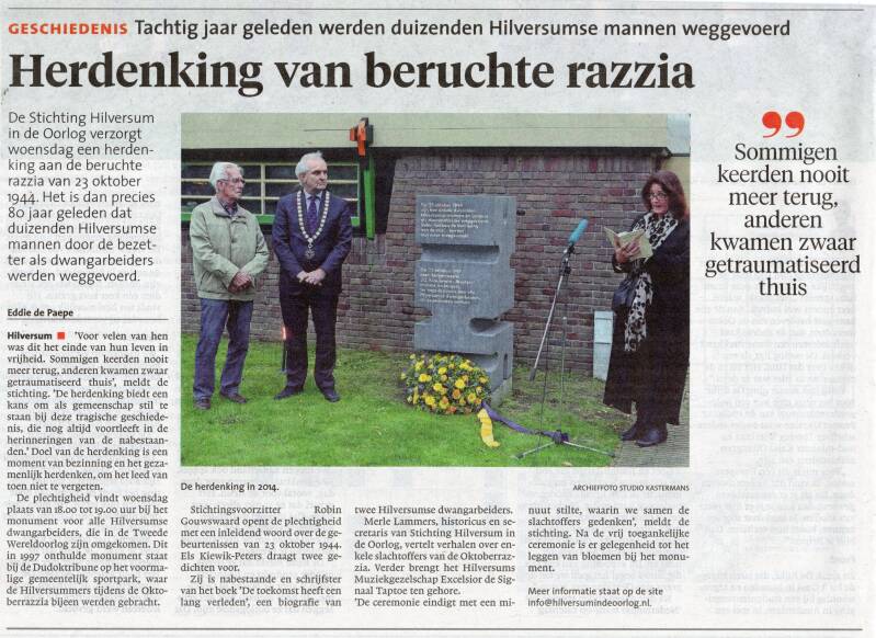 De Gooi- en Eemlander 22 Oktober 2024 - Herdenking Oktoberrazzia. Tachtig jaar geleden werden duizenden Hilversumse mannen weggevoerd