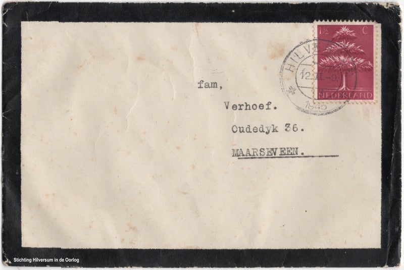 Rouwenvelop, geadresseerd aan de familie van Hendrikus Dirk Verhoef in Maarsseveen. Collectie Stichting Hilversum in de Oorlog