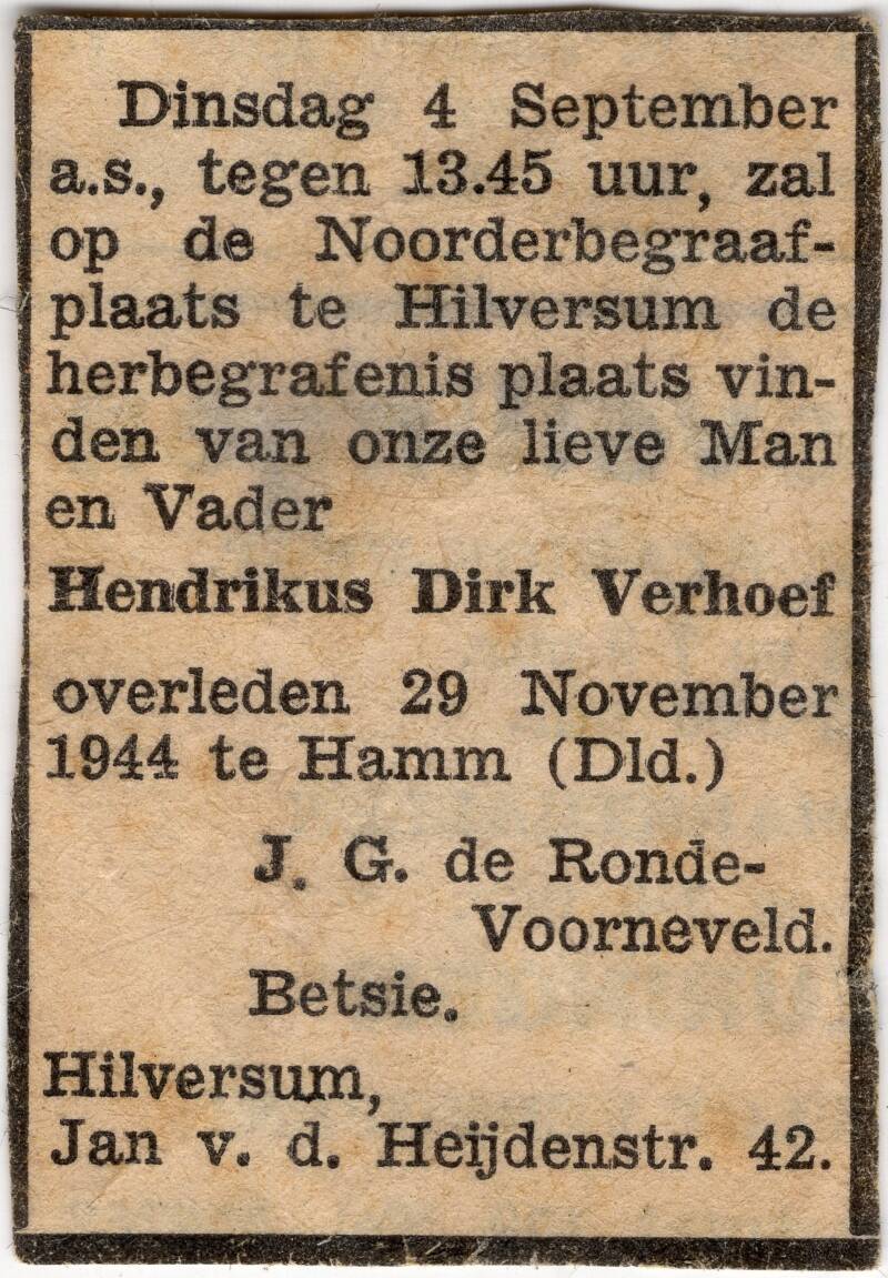 Door de familie van Hendrikus Dirk Verhoef uitgeknipte advertentie uit de Gooi- en Eemlander. Collectie Stichting Hilversum in de Oorlog