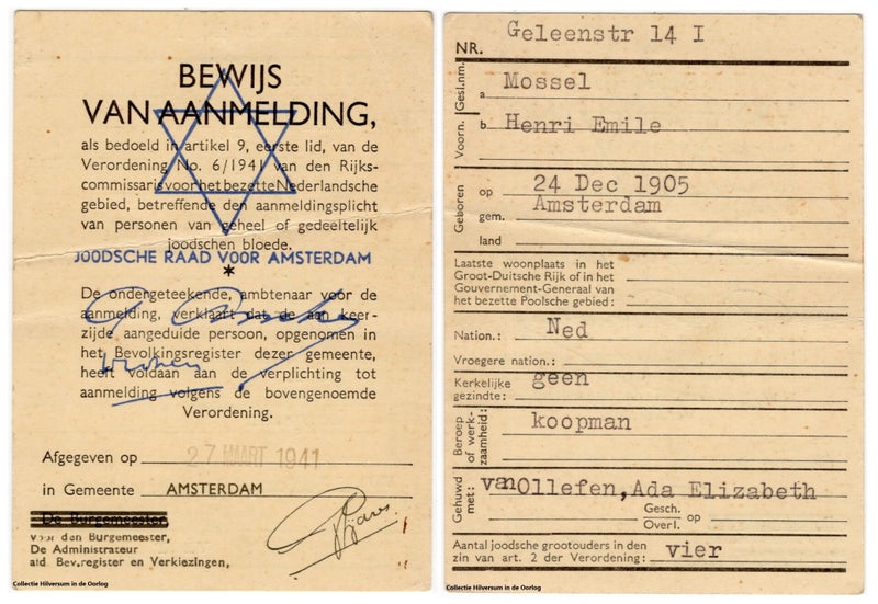 Bewijs van aanmelding Joodse bloede van muzikant Henri Emile Mossel. Collectie Hilversum in de Oorlog.