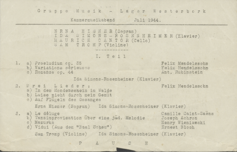 Programma (avond) van de Gruppe Musik in kamp Westerbork. Collectie Herinneringscentrum Kamp Westerbork