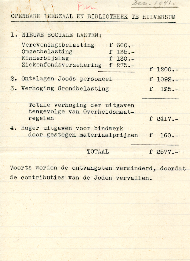 Overzicht extra kosten voor de bibliotheek. Gonda kreeg wachtgeld, terwijl Joodse contributies vervielen omdat Joden op last van de bezetter niet langer welkom waren in de bibliotheek. Bron: Archief Bibliotheek Hilversum