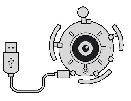 Illustration des POM Beobachtungsmoduls mit Auge und angeschlossenem USB-Kabel