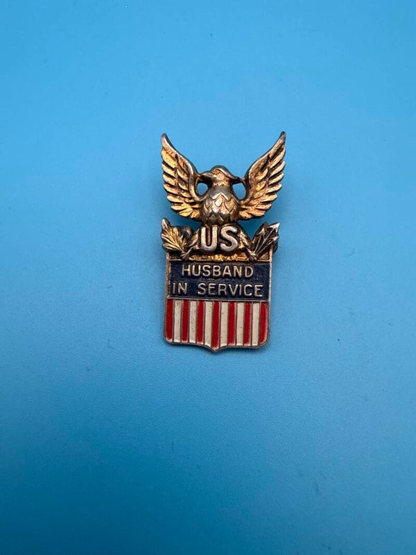 WWII Coro Sterling Silver Sweetheart Pin — "Husband in Service", Vermeil & Enamel
