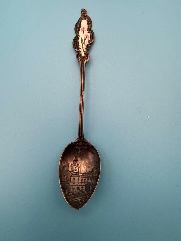 Antique Sterling Silver Souvenir Spoon — Independence Hall, Philadelphia, Enamel Handle, c. 1900