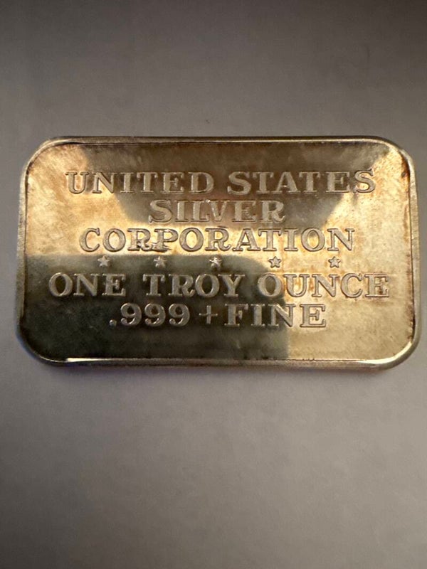 1973 USSC World Trade and Commerce 1 oz Silver Bar — United States Silver Corp, .999 Fine