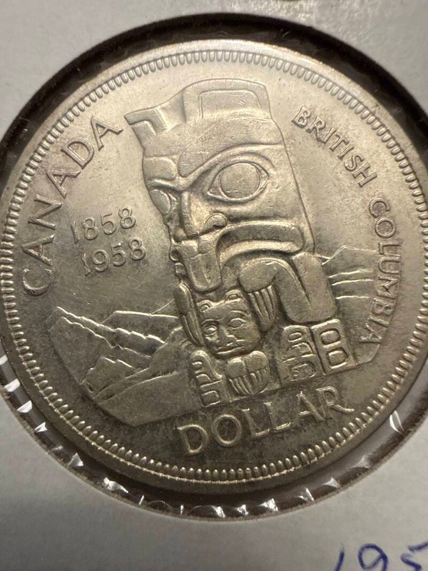Canada 1958 Silver Dollar — British Columbia Centennial, Totem Pole