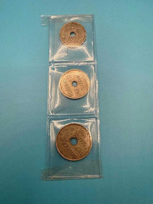 Greece 1912 — 5, 10 & 20 Lepta Set, Holed Nickel Coins, Kingdom of Greece