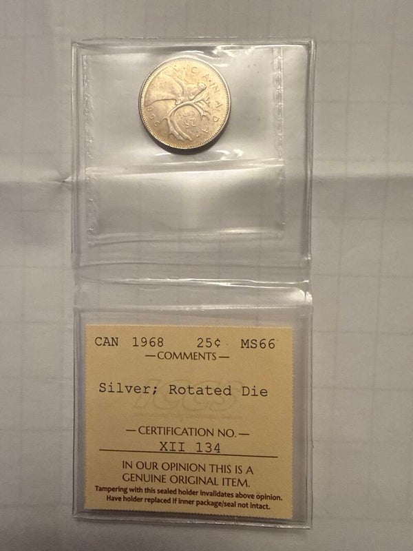 1968 Canada 25 Cents — ICCS MS66, Silver, Rotated Die Error