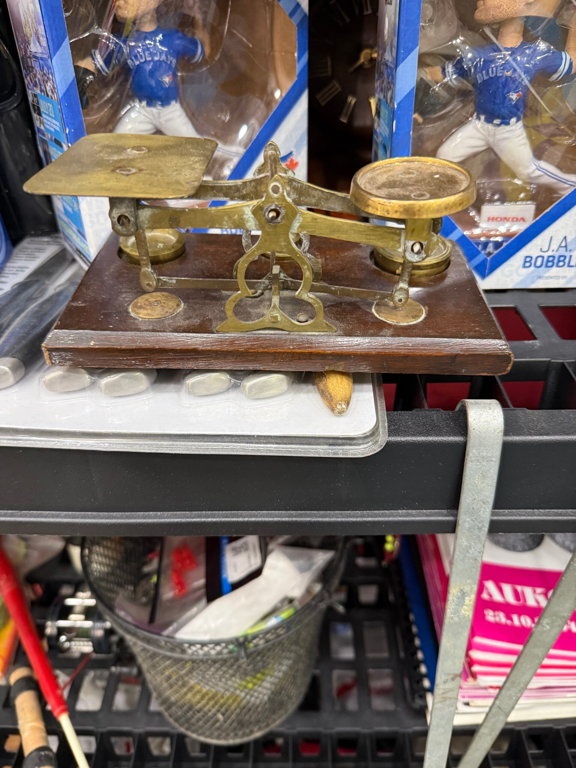 Vintage Brass Balance Scale with Weights — Wooden Base