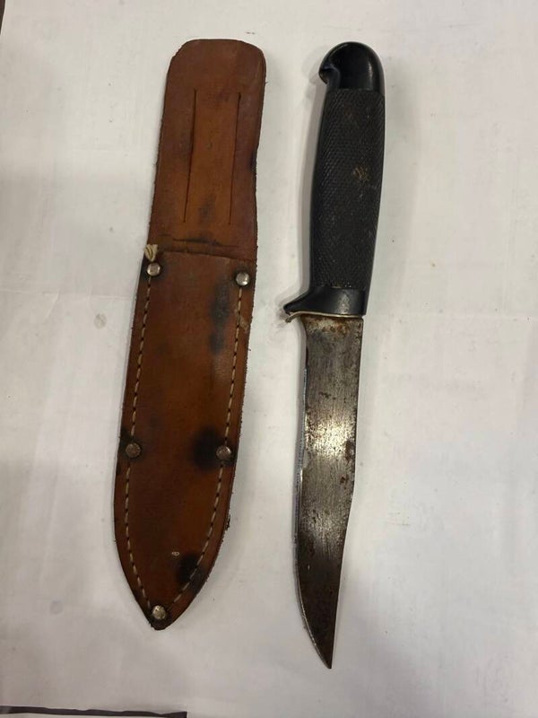 Vintage Hunting Knife with Leather Sheath — Clip Point Blade, Black Checkered Handle