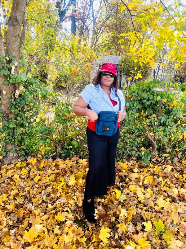 Jacqueline Watchie Brown JWB Signature Navy Crossbody Bag – Personalized Golden Lettering