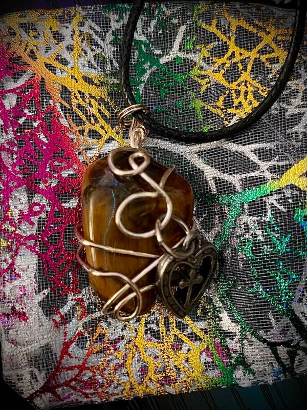 Tigers Eye Wire Wrapped Crystal Necklace