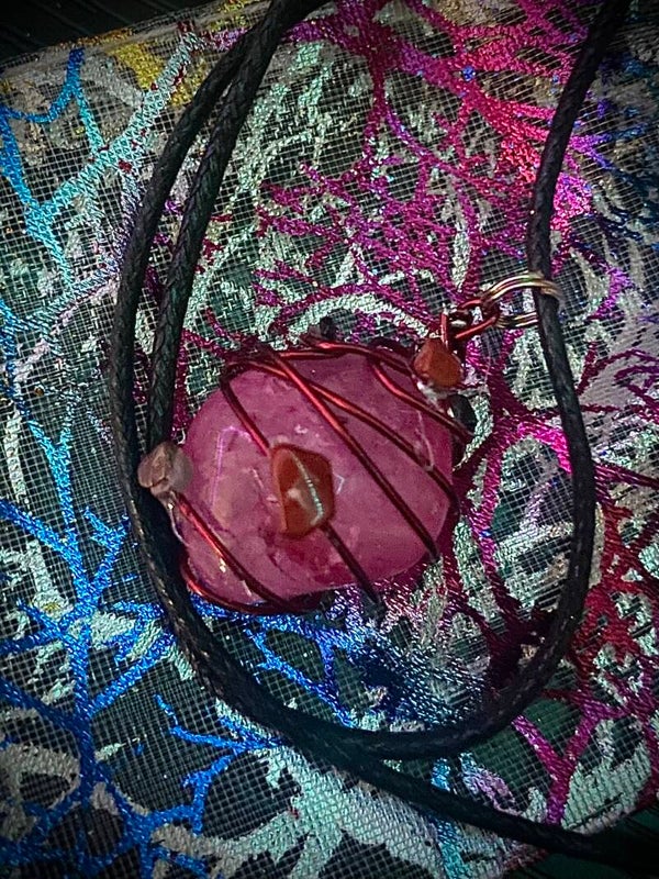 Rose Quarts Wire Wrapped Crystal Necklace Adorned with Obsidian and Red Jasper Stones