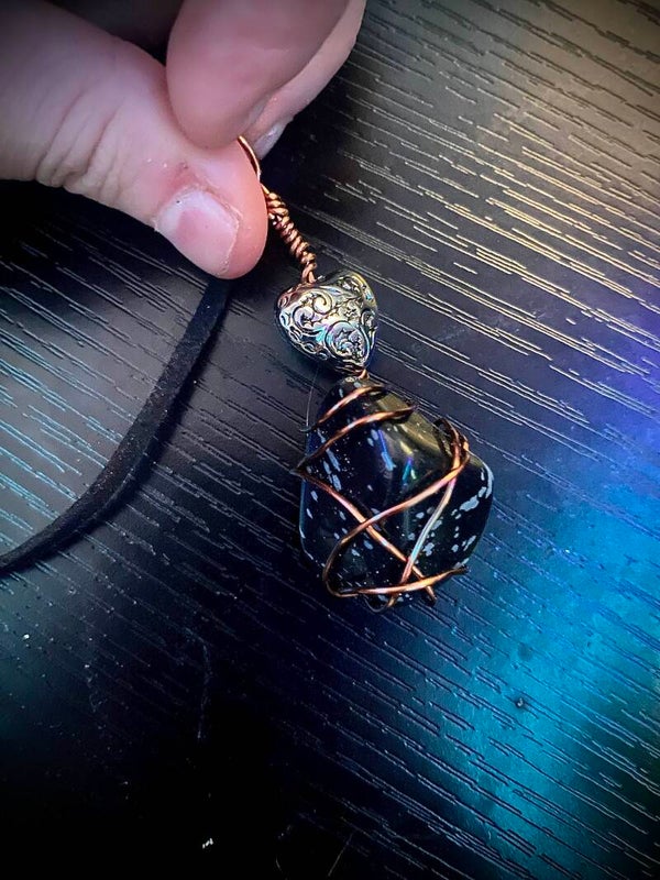Black Tourmaline Wire Wrapped Crystal Necklace With Heart Charm