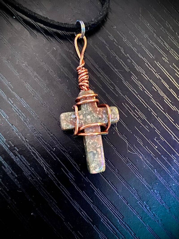 Rainforest Jasper Wire Wrapped Crystal Cross Necklace