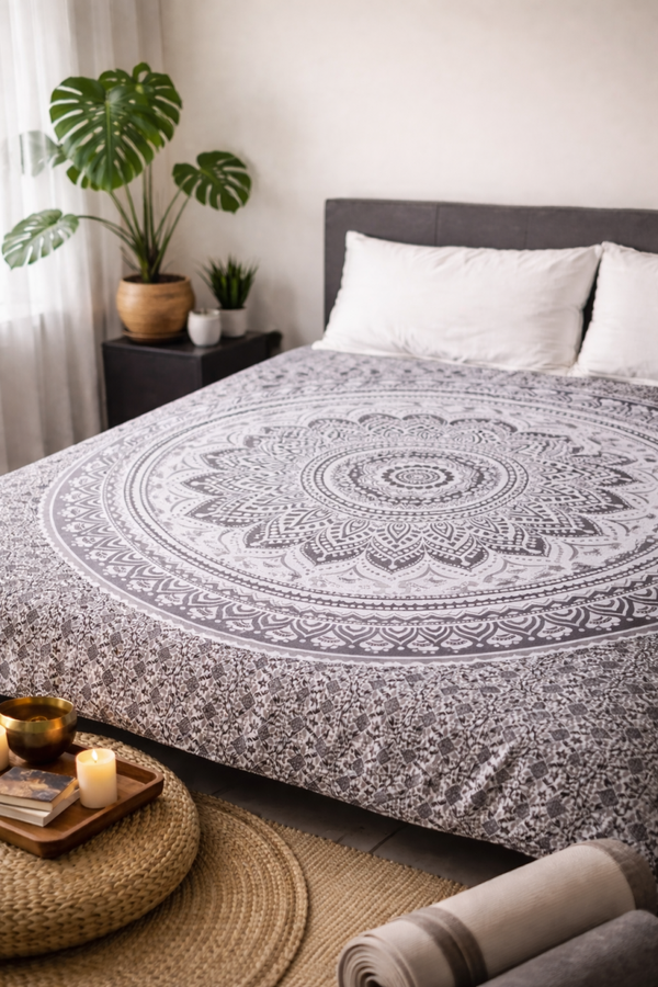 Tenture Mandala Bohème Noir et Blanc – Couvre-lit Zen Yoga – Décoration Chambre Hippie – Tapisserie Murale Méditation – Cadeau Bien-être