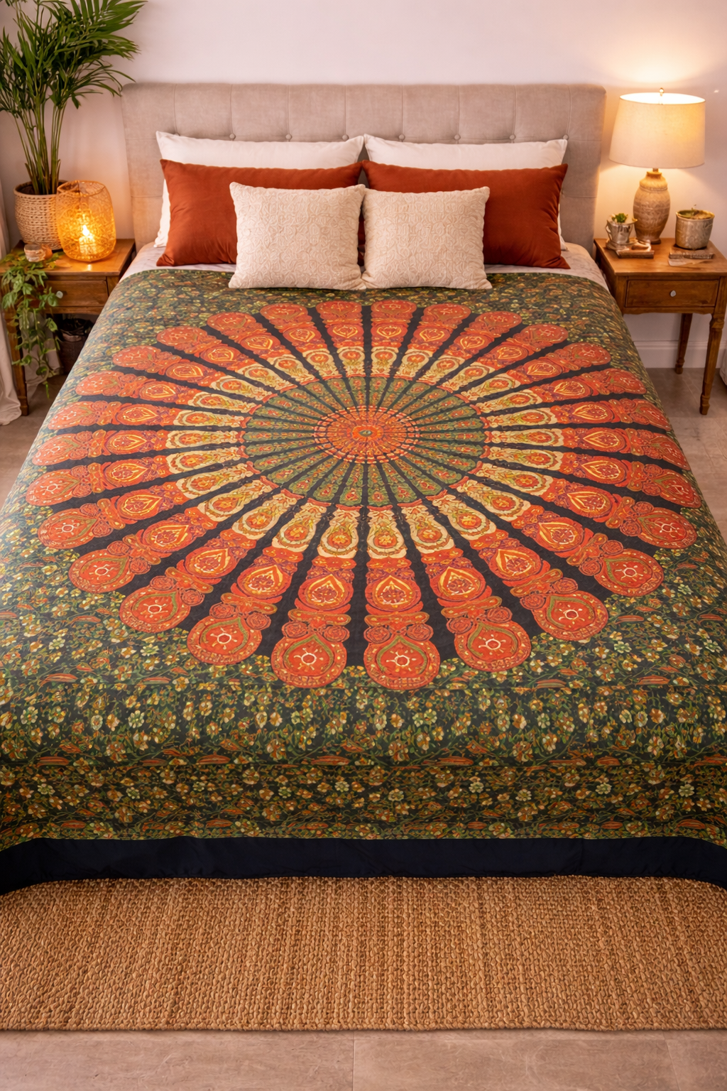 Tenture Murale Mandala XXL Bohème | Nappe Couvre-Lit Plage | Tissu Indien Coton | Décoration Hippie Boho paon