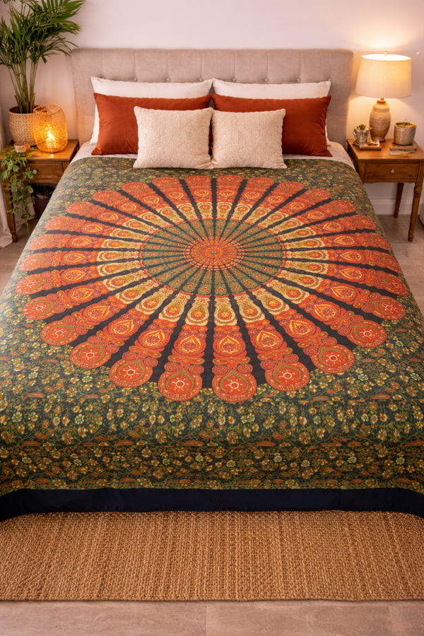 Tenture Murale Mandala XXL Bohème | Nappe Couvre-Lit Plage | Tissu Indien Coton | Décoration Hippie Boho paon