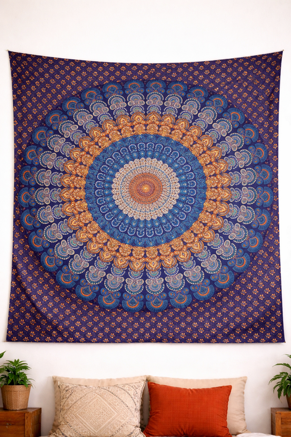 Tapisserie murale XXL mandala plume de paon bleu environ 210cm*240cm Tapisserie indienne faite à la main en Inde Tenture murale 100% coton