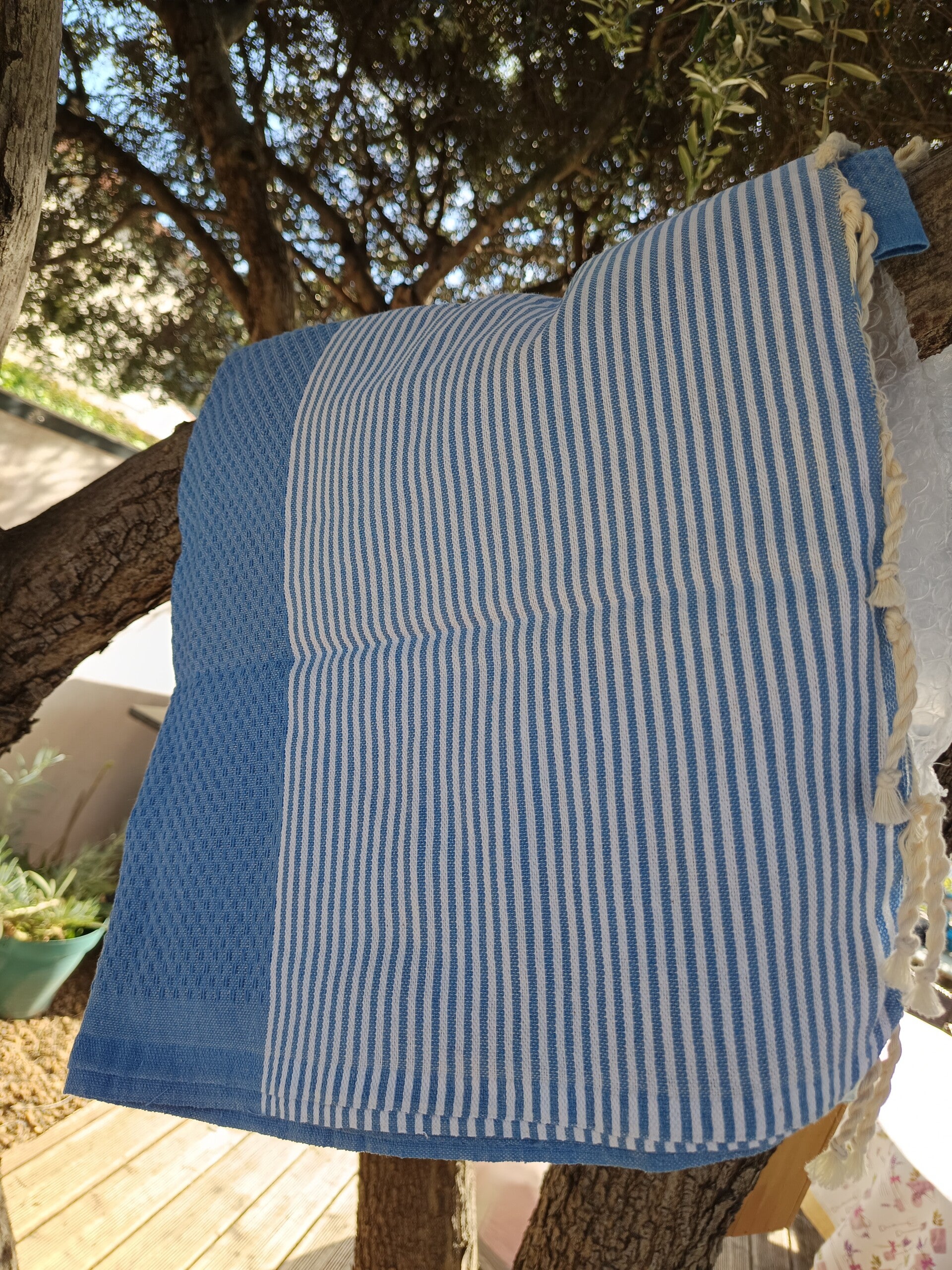 Fouta nid d’abeille bleue – Serviette plage / hammam – Coton léger – Drap de bain – Plaid été – Cadeau éco-responsable