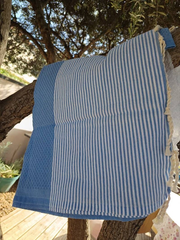 Fouta nid d’abeille bleue – Serviette plage / hammam – Coton léger – Drap de bain – Plaid été – Cadeau éco-responsable
