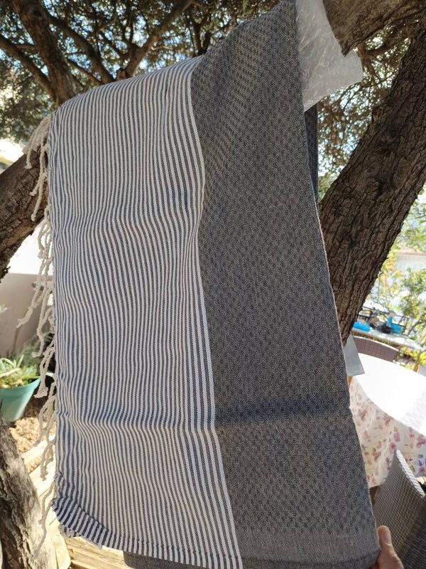 Fouta nid d’abeille grise – Serviette plage / hammam – Coton léger – Drap de bain – Plaid été – Cadeau éco-responsable
