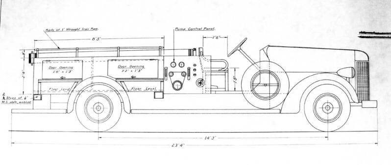 Dibujo de la carrocería instalada en las autobombas LaFrance en Nueva Gales del Sur