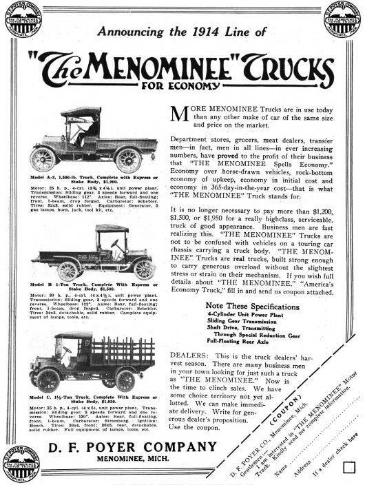 Anuncio de camiones Menominee de 1914