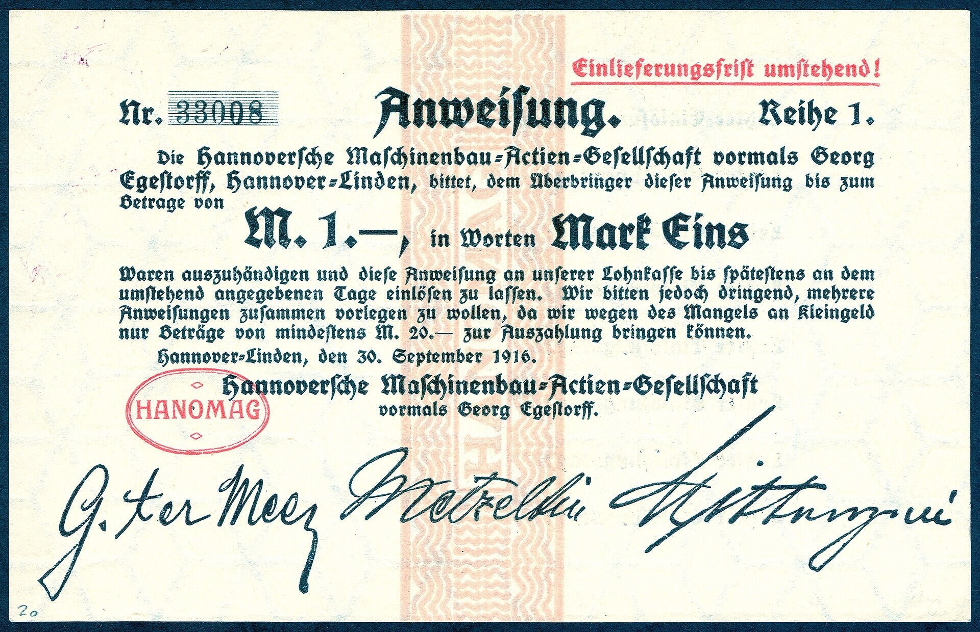 Dinero de emergencia de Hanomag de 1916