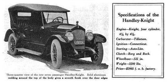 Publicidad del modelo A de Handley-Knight Touring para 7 pasajeros (1920).