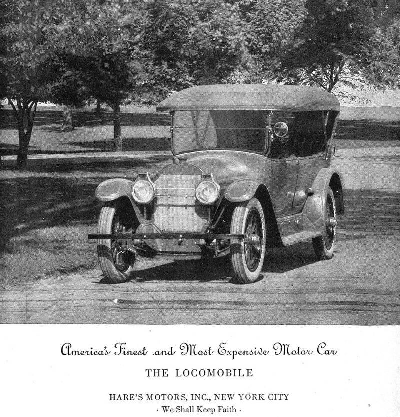 Anuncio de Hare&#039;s Motors para automóviles Locomobile. Se muestra un Locomobile Modelo 48 Sportif (1920).