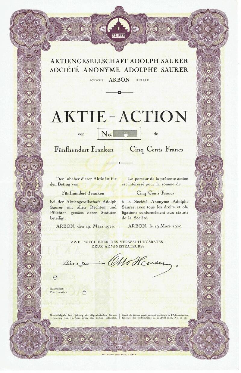 Certificado de acciones por 500 francos de Adolph Saurer AG, de fecha 19 de marzo de 1920