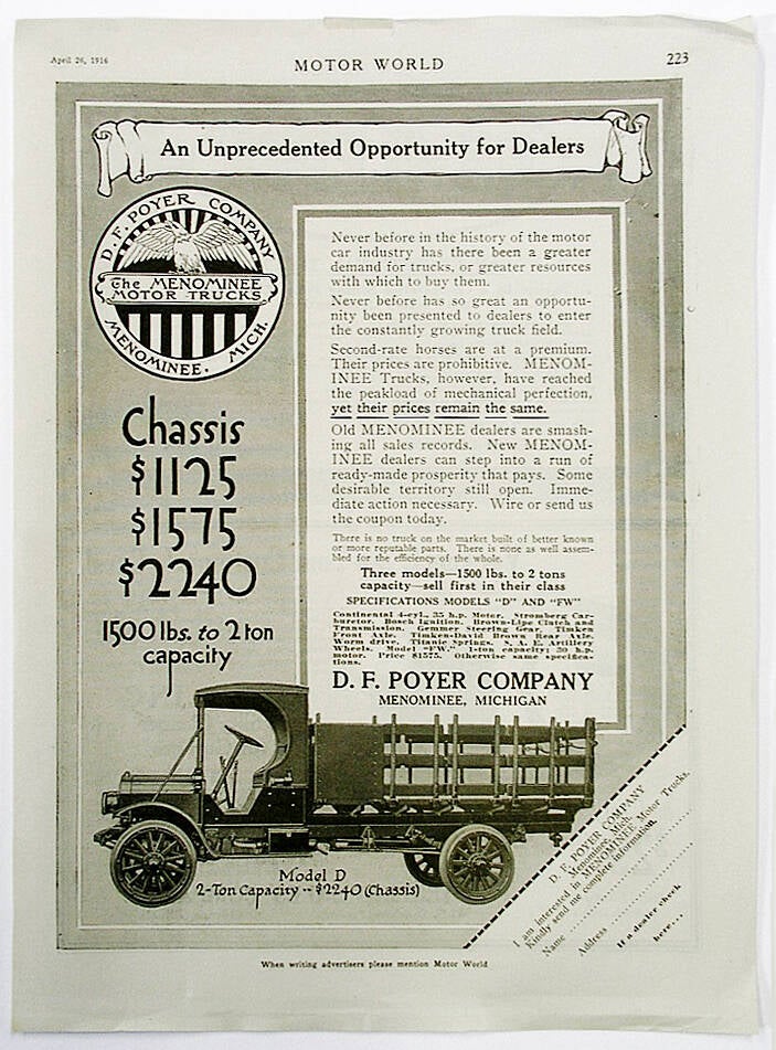 Anuncio de camión de DF Poyer Menominee (abril de 1916) ma 