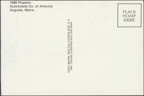 La empresa figura con sede en Augusta, Maine. La postal se imprimió para el Fraser's Wheel Inn, ubicado en Portland, Maine.