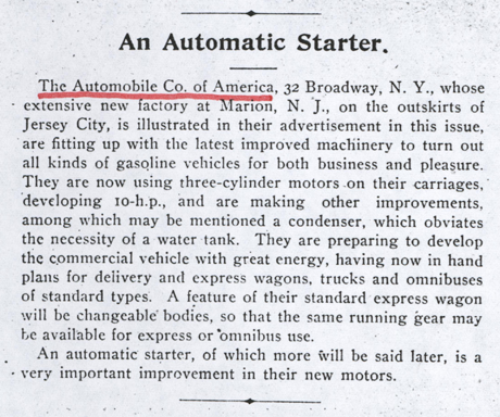 Este artículo de Horseless Age apareció el 17 de enero de 1900, página 65. Promocionaba un "arrancador automático". Colección John A. Conde .