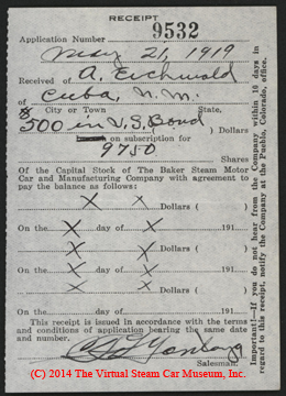 A. Eichwald o Cuba, Nuevo México, aparentemente canjeó un bono de 500 dólares por 9.750 acciones de Baker Capital Stock el 21 de mayo de 1919.