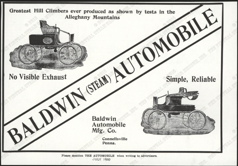 Ya en julio de 1900, la Baldwin Automobile Manufacturing Company se anunciaba en publicaciones como The Automobile .