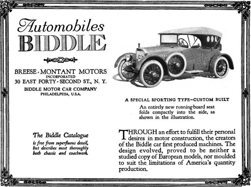 Anuncio de un concesionario de la marca Biddle. El Modelo D Sporting Type de la imagen era, por lo tanto, un &quot;Custom&quot;, es decir, un pedido especial (1917).