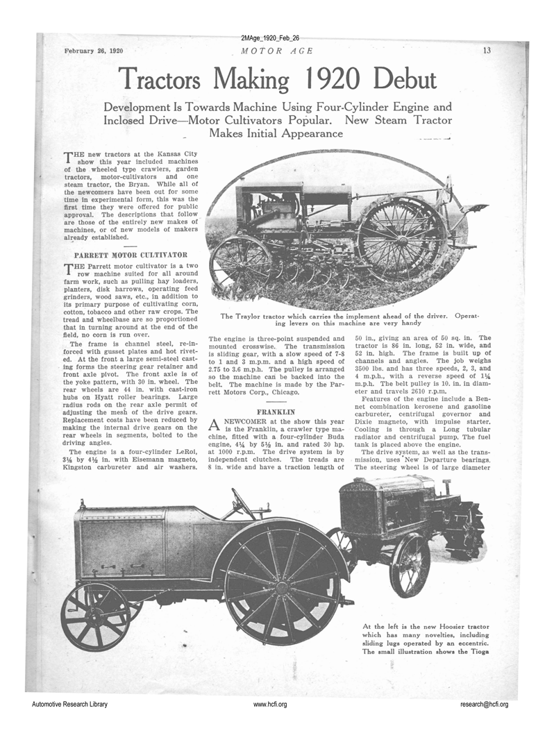 Bryan Harvester Corporation, Motor Age , 26 de febrero de 1920, pág. 13. Cortesía de la Biblioteca de Investigación Automotriz de la Fundación del Automóvil sin Caballo.
