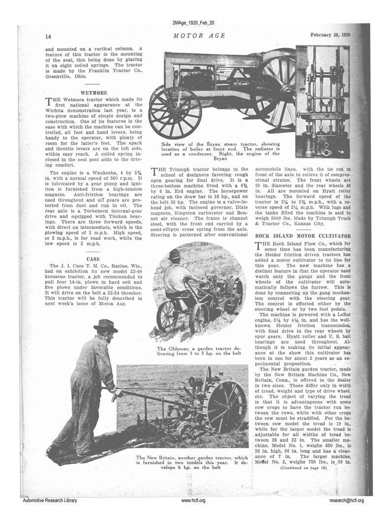 Bryan Harvester Corporation, Motor Age , 26 de febrero de 1920, pág. 14. Cortesía de la Biblioteca de Investigación Automotriz de la Fundación Horseless Carriage .