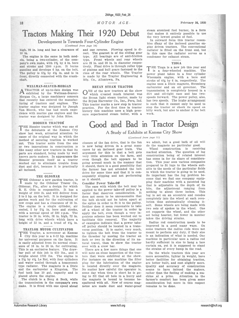 Bryan Harvester Corporation, 26 de febrero de 1920, Motor Age , pág. 18. Cortesía de la Biblioteca de Investigación Automotriz de la Fundación Horseless Carriage.