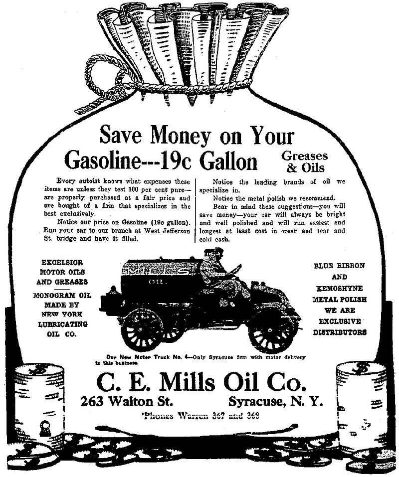 Anuncio de CE Mills Oil Company y su nuevo camión Palmer-Moore en junio de 1913 - Syracuse Herald, 22 de junio de 1913