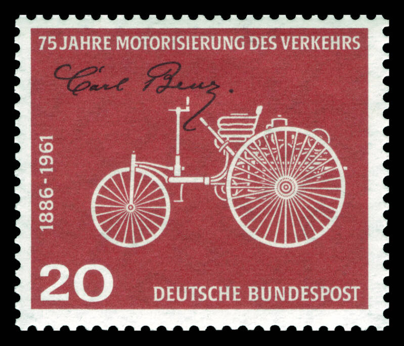 Sello postal de 20 pfennig de la Oficina Postal Federal Alemana (1961): "75 años de motorización del transporte"