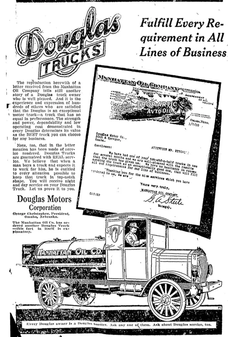 Un anuncio de 1920 publicado en una revista especializada recomienda los camiones Douglas en “todos los sectores comerciales”.