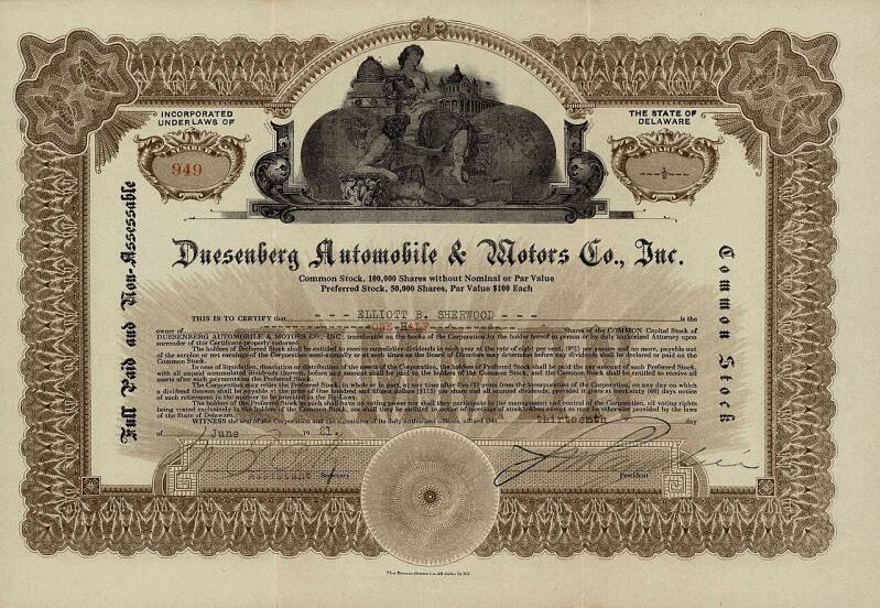 Acción de Duesenberg Automobile &amp; Motors Co. con fecha del 13 de junio de 1921