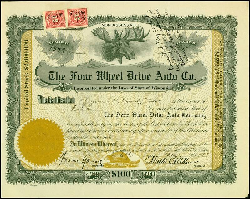 Acción de The Four Wheel Drive Auto Co., emitida el 6 de mayo de 1919