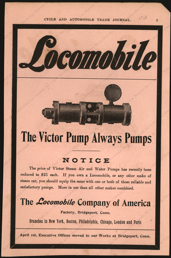 La Locomobile Company of America publicó este anuncio en 1903 en el Cycle and Automobile Trade Journal , ofreciendo las bombas como un artículo de posventa para Locomobile y otros automóviles de vapor.