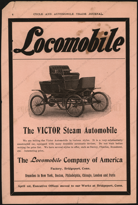 La Locomobile Company of America publicó este anuncio en 1903 en el Cycle and Automobile Trade Journal , ofreciendo a la venta carruajes de vapor Victor, después de haber comprado aparentemente el inventario restante de la Overman Automobile Company.